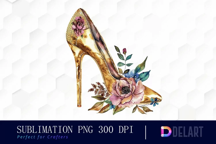 Gold High Heel With Flower Illustration PNG Clipart
