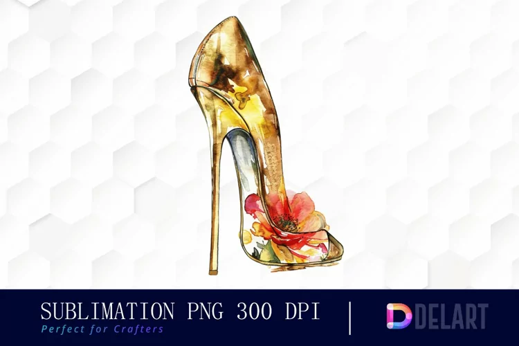 Gold High Heel With Flower PNG Clipart