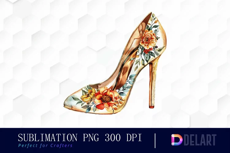 Gold High Heel With Flower Watercolor Clipart
