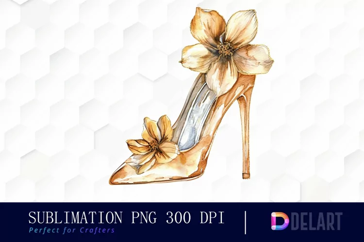 Gold High Heel With Flower Watercolor Clipart
