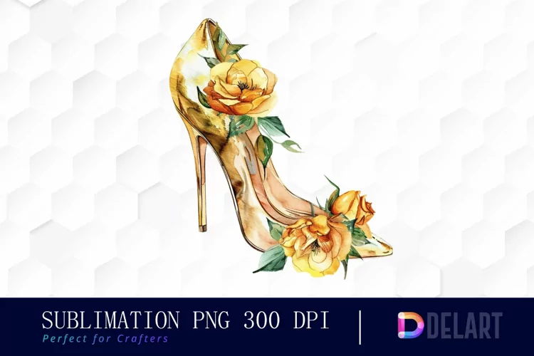Gold High Heel With Flower Illustration Clipart