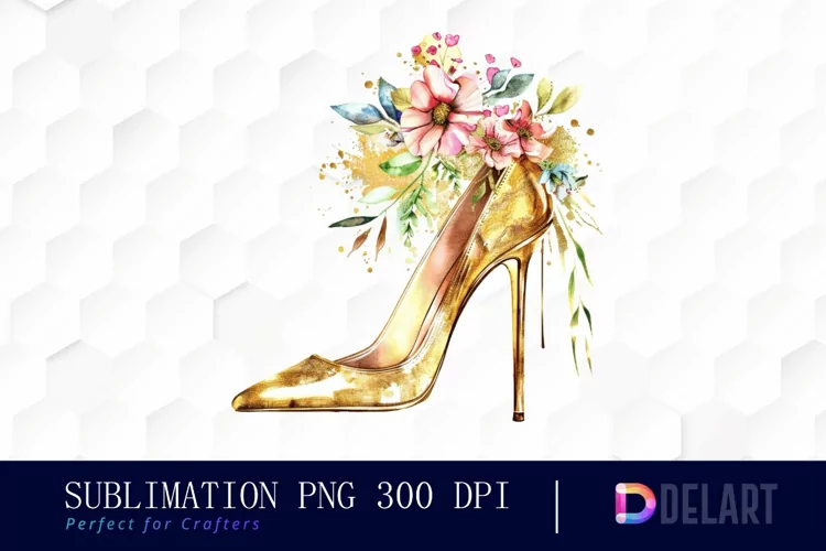 Gold High Heel With Flower Art Clipart