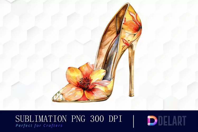 Gold High Heel With Flower Watercolor Clipart