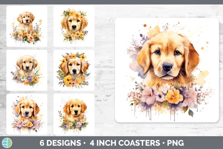 Bundle of six Wild Flowers Golden Retrievers Square Coaster designs.