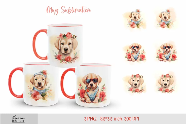 Watercolor Golden Retriever with Red Flowers|Mug Sublimation