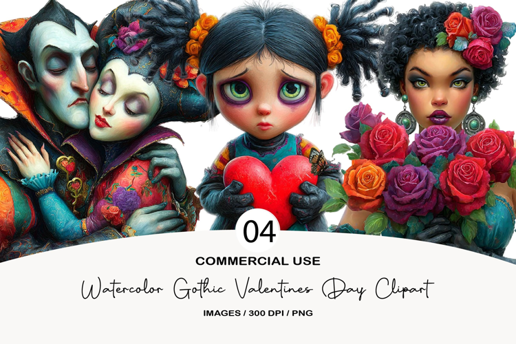 Watercolor gothic valentines day clipart