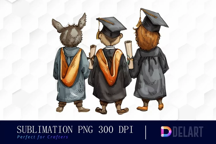 Graduation Animals Back View Watercolor Clipart