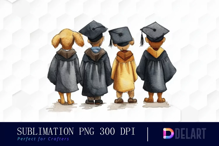 Graduation Animals Back View Watercolor Clipart