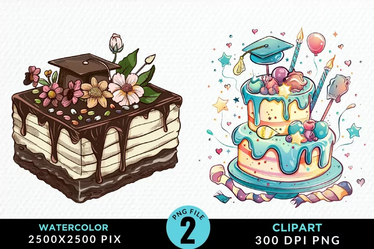 Watercolor Graduation Cake Sublimation PNG Clipart