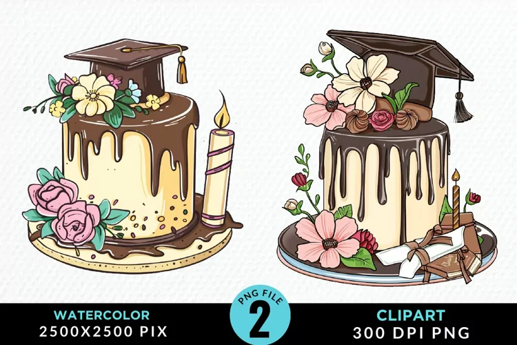 Watercolor Graduation Cake Sublimation PNG Clipart