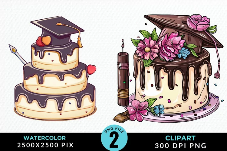 Watercolor Graduation Cake Sublimation PNG Clipart