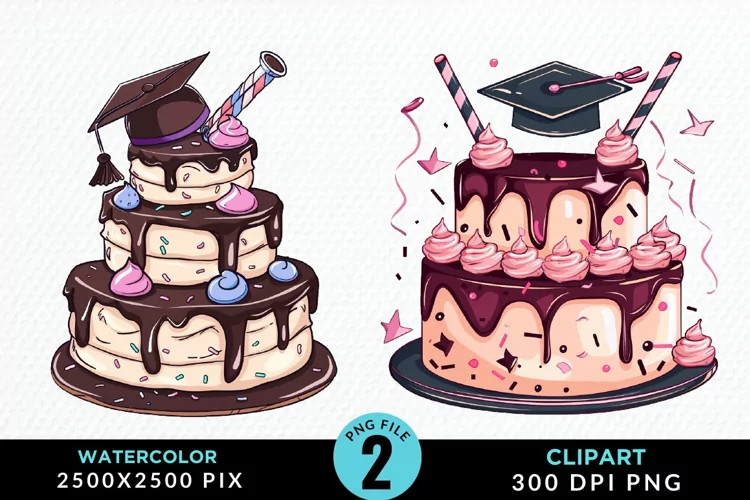 Watercolor Graduation Cake Sublimation PNG Clipart