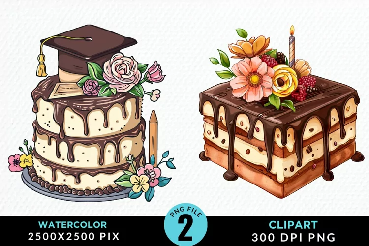 Watercolor Graduation Cake Sublimation PNG Clipart
