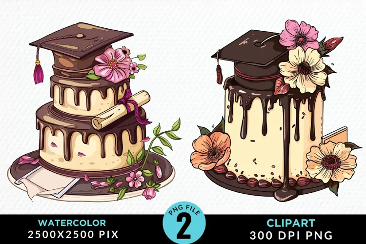 Watercolor Graduation Cake Sublimation PNG Clipart