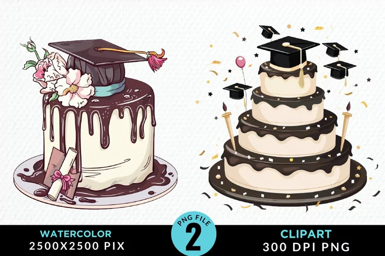 Watercolor Graduation Cake Sublimation PNG Clipart