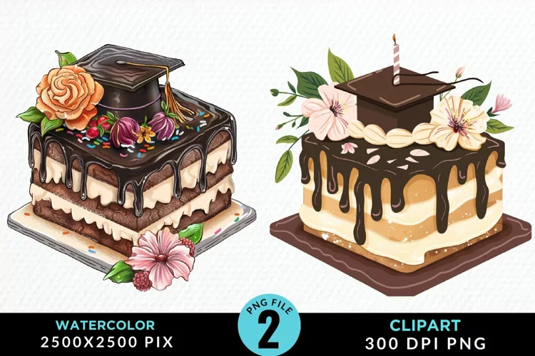 Watercolor Graduation Cake Sublimation PNG Clipart