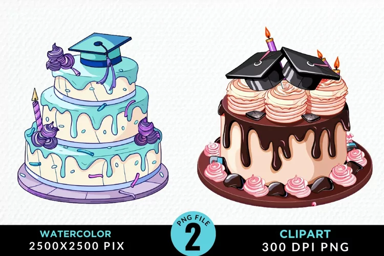 Watercolor Graduation Cake Illustration PNG Clipart