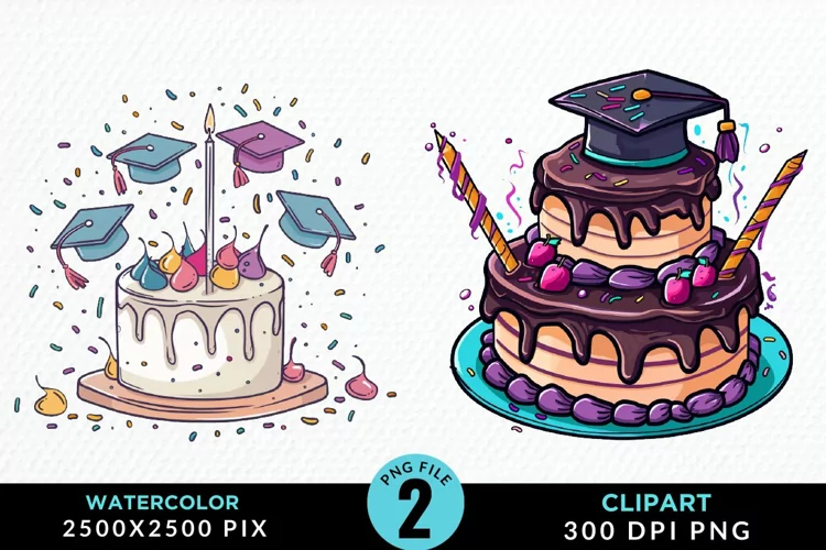 Watercolor Graduation Cake Illustration PNG Clipart