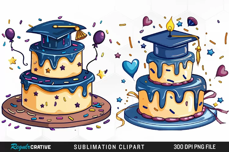Watercolor Graduation Cake Collection Art Clipart