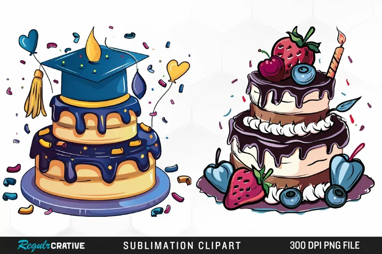 Watercolor Graduation Cake Collection Clipart