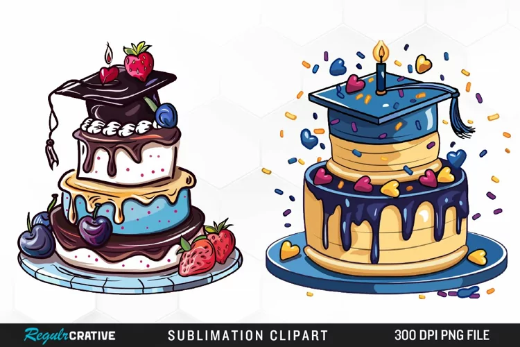 Watercolor Graduation Cake Collection Clipart