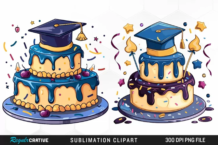 Watercolor Graduation Cake Collection Clipart