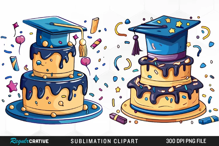 Watercolor Graduation Cake Collection Clipart