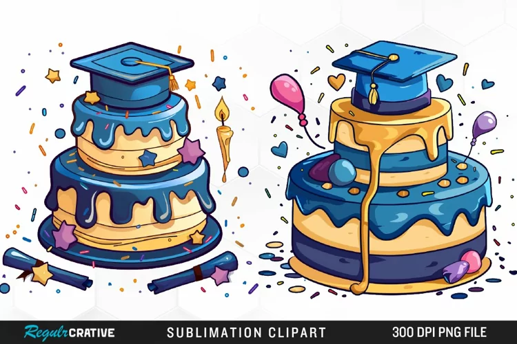 Watercolor Graduation Cake Collection Clipart