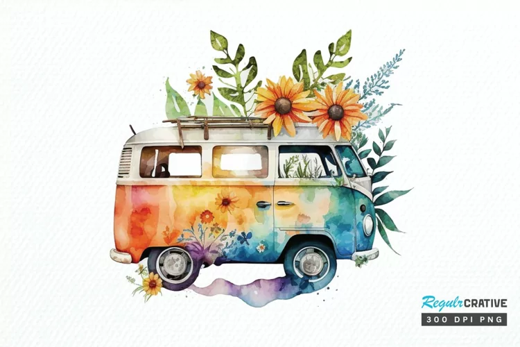 Watercolor Hippie Car for Summer PNG Clipart