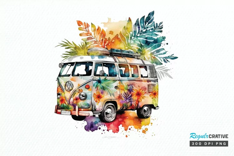 Watercolor Hippie Car for Summer PNG Clipart