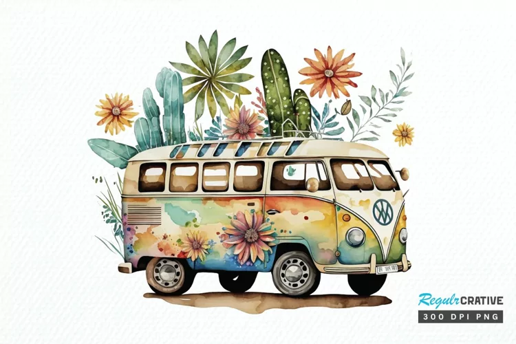 Watercolor Hippie Car for Summer PNG Clipart