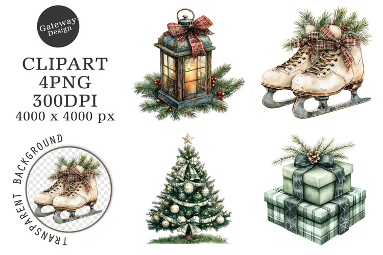Watercolor Green Christmas Clipart example image 1