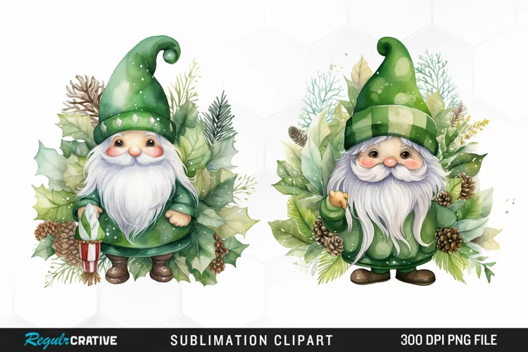 Watercolor Green Christmas Luxury Gnomes Exquisite Clipart