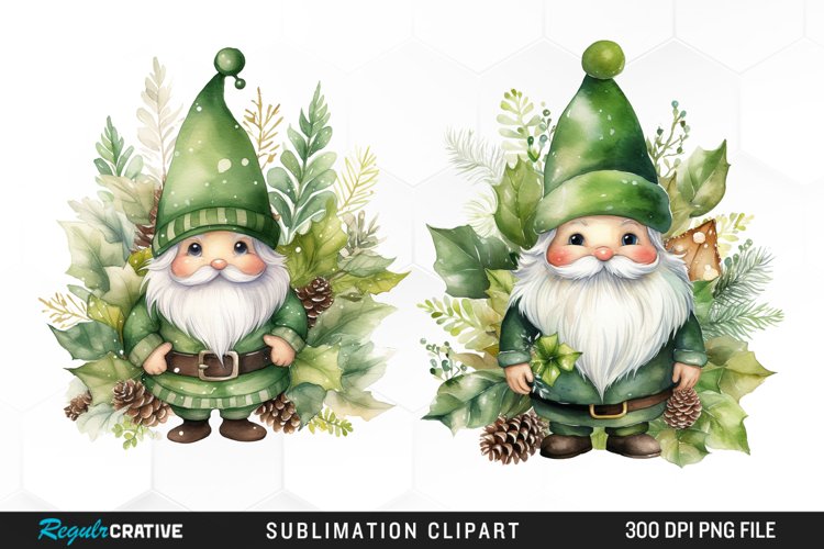 Watercolor Green Christmas Luxury Gnomes Exquisite Clipart