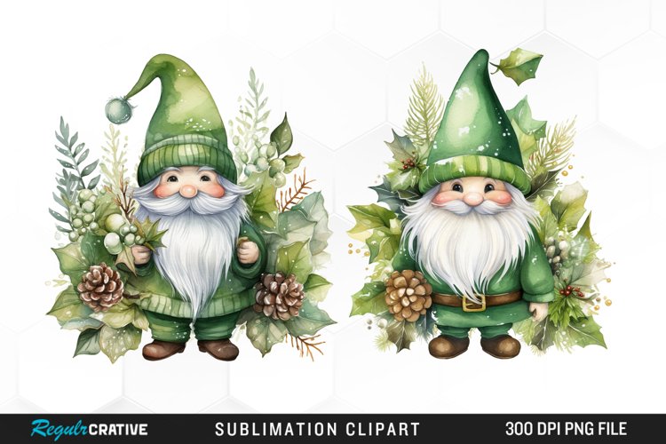 Watercolor Green Christmas Luxury Gnomes Exquisite Clipart