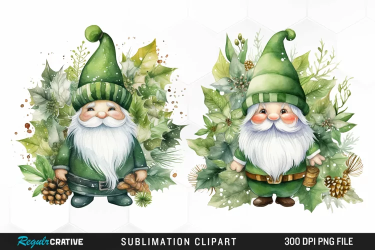 Watercolor Green Christmas Luxury Gnomes Exquisite Clipart