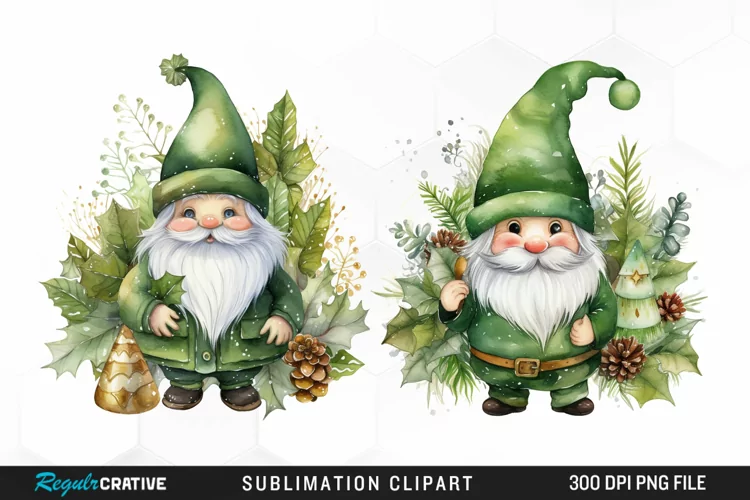 Watercolor Green Christmas Luxury Gnomes Exquisite Clipart