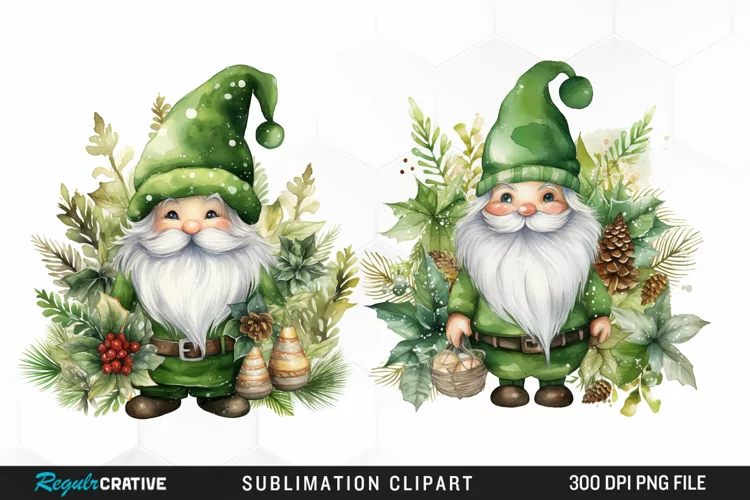Watercolor Green Christmas Luxury Gnomes Exquisite Clipart