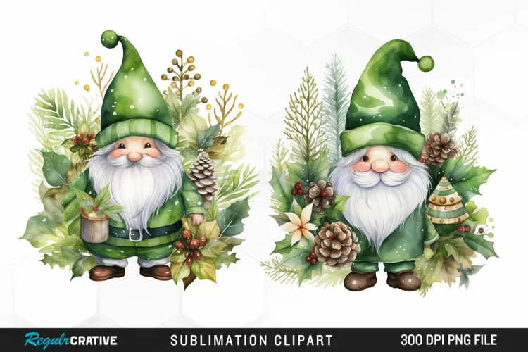 Watercolor Green Christmas Luxury Gnomes Exquisite Clipart