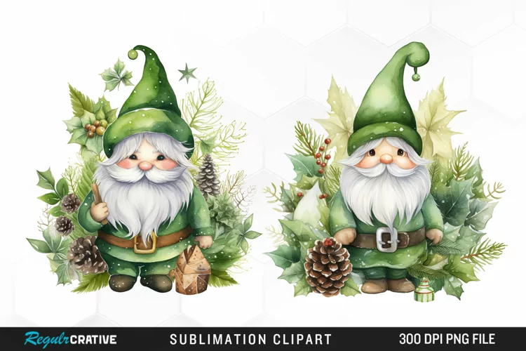 Watercolor Green Christmas Luxury Gnomes Exquisite Clipart
