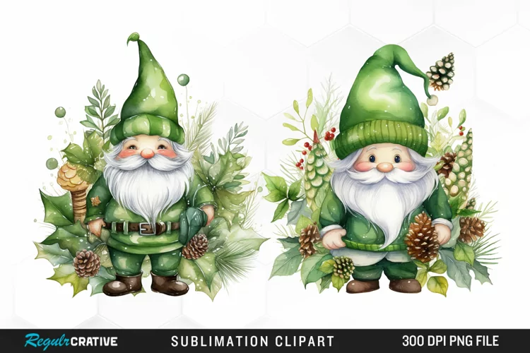 Watercolor Green Christmas Luxury Gnomes Exquisite Clipart