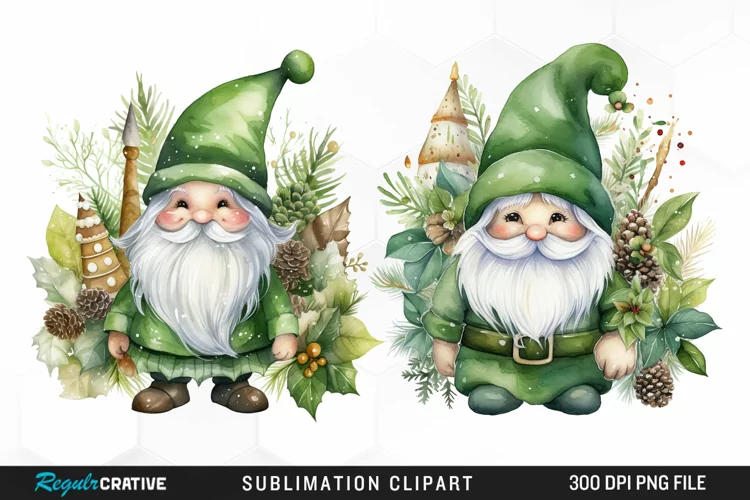 Watercolor Green Christmas Luxury Gnomes Exquisite Clipart