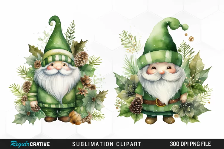 Watercolor Green Christmas Luxury Gnomes Exquisite Clipart