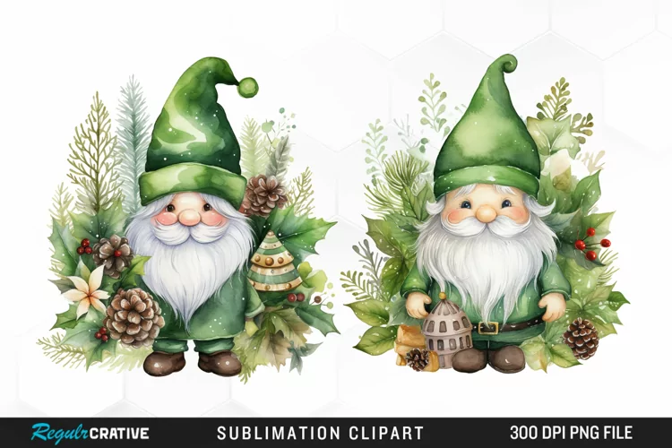 Watercolor Green Christmas Luxury Gnomes Exquisite Clipart