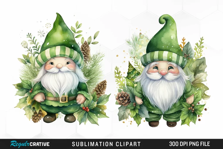 Watercolor Green Christmas Luxury Gnomes Exquisite Clipart