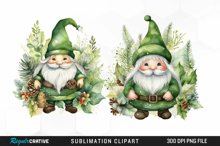 Watercolor Green Christmas Luxury Gnomes Exquisite Clipart