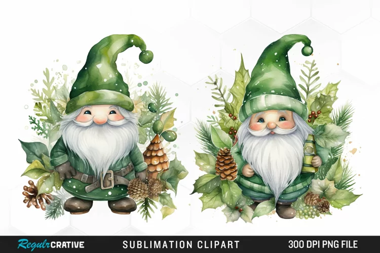 Watercolor Green Christmas Luxury Gnomes Exquisite Clipart