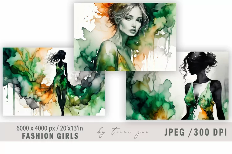 Watercolor fashion girl illustration for posters - 3 jpgs