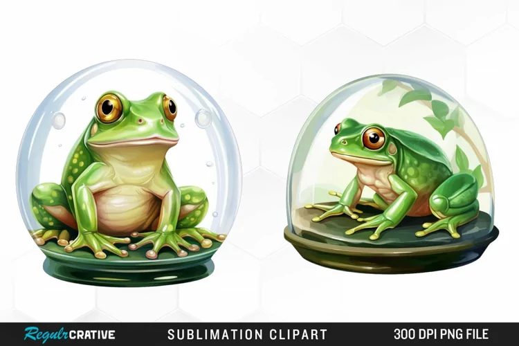 Watercolor Green Frog In Glass Dome Fun Clipart