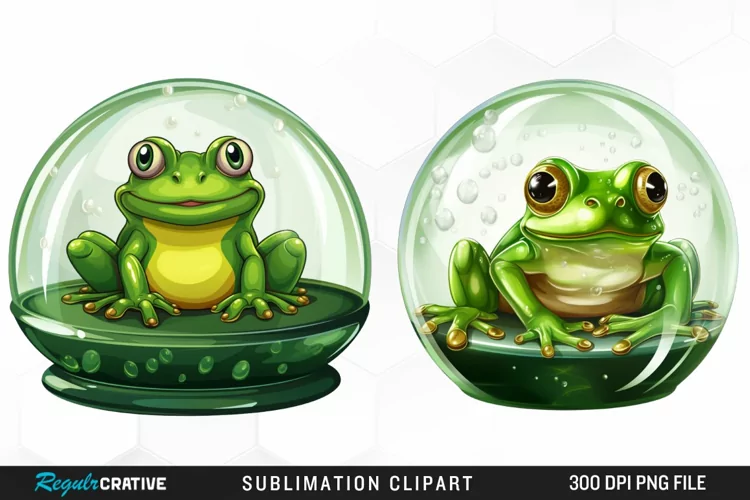 Watercolor Green Frog In Glass Dome Fun Clipart
